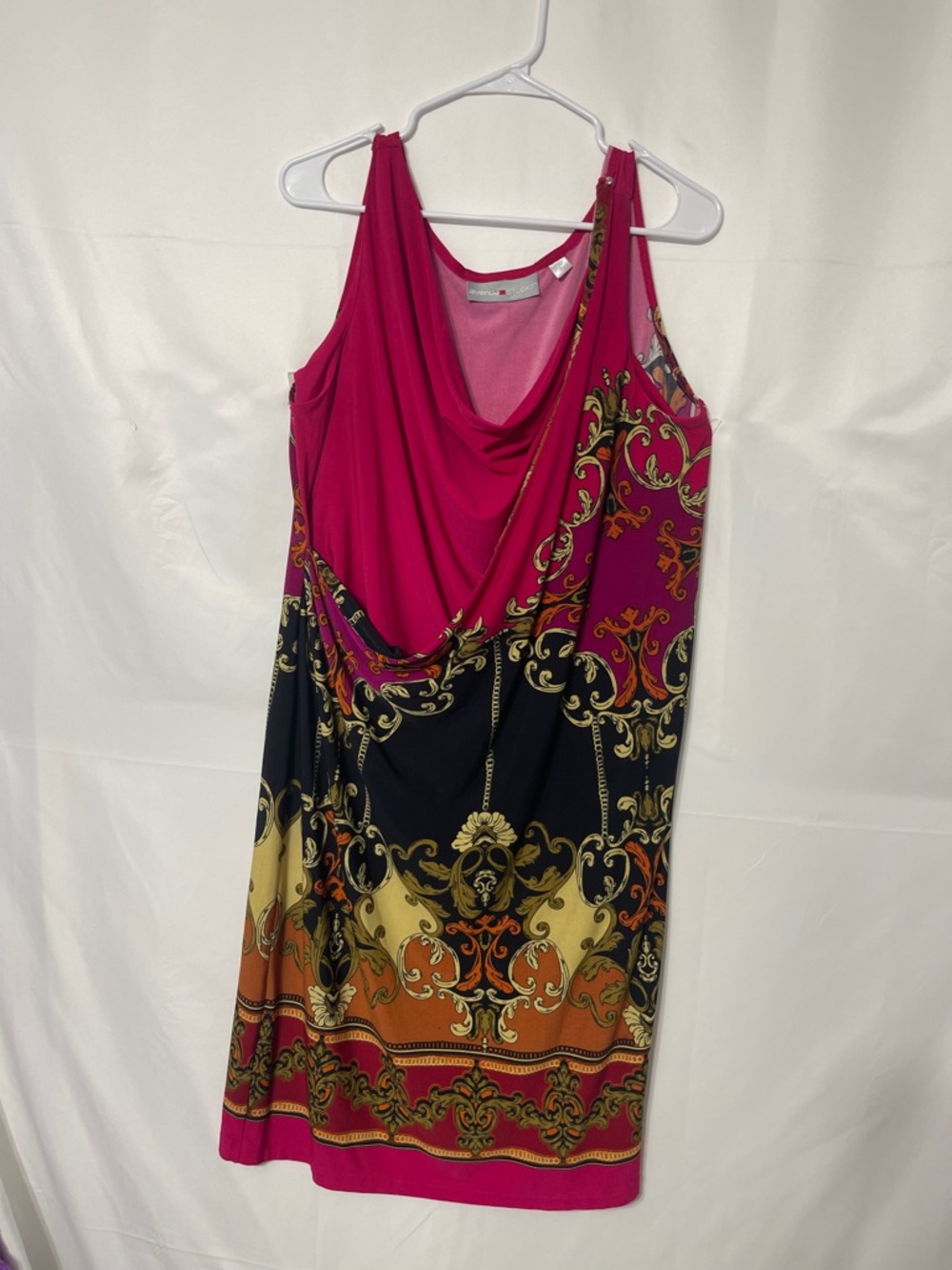 Sleeveless Midi Dress in Fuchsia and Black with Gold Baroque Motif